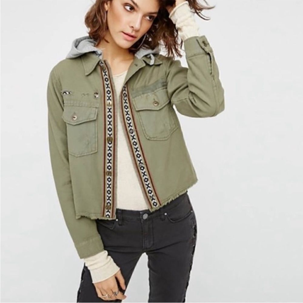 Free People Distressed Green Embroidered Detailing Boho Gray Hoodie Crop Jacket